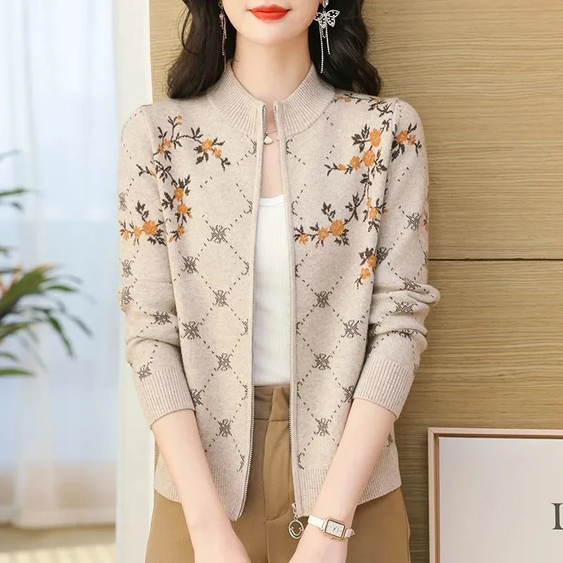 2025 Vrouwen Jacquard Truien Vest Lente Herfst Dames Stand Kraag Trui Jas Koreaanse Vrouwelijke Lange Mouwen Breien Jas