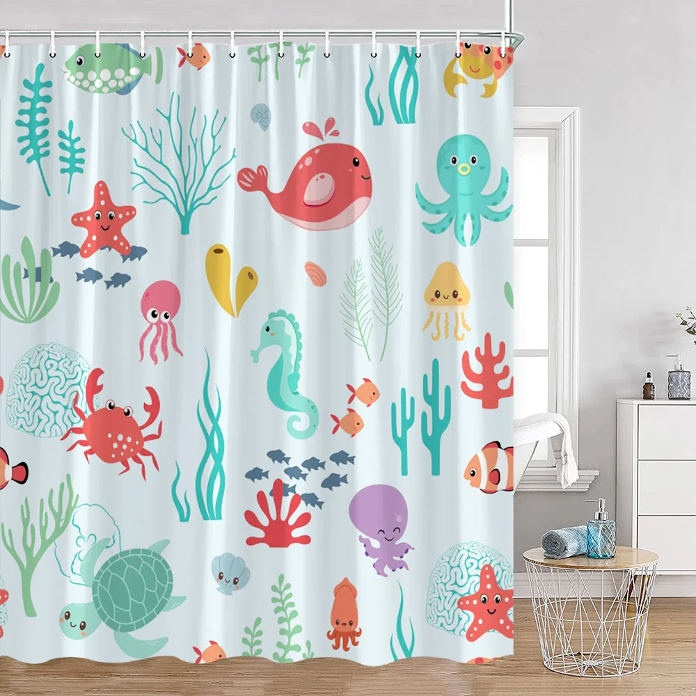 Cartoon Shower Curtains Ocean Animals Cute Whales Sharks Bathroom Curtai Kid Bath Decor Polyester Bathtub Decoration with Hooks