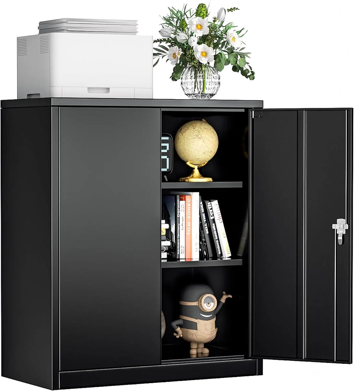 Metal Storage Cabinet with Locking Doors, Lockable Cabinet with 2 Doors and Shelves, Black Cabinet with Lock