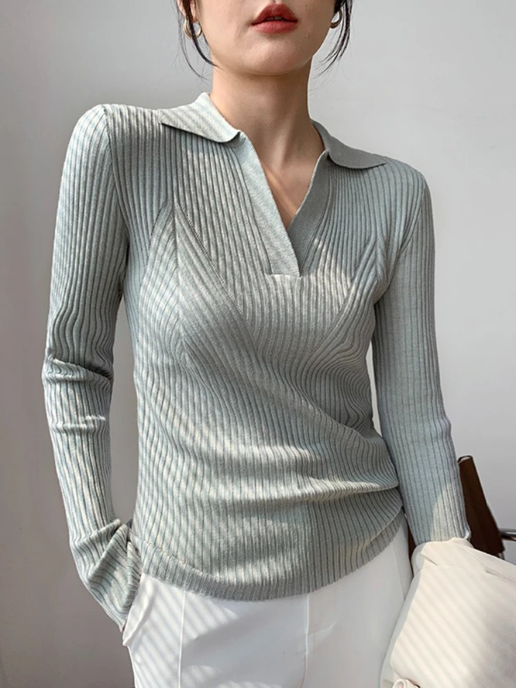 

2025 Long Sleeve Slim Elegant Knitted Tops Fashion Polo Collar Pullover Women's Autumn Solid Casual Ribbed Sweaters