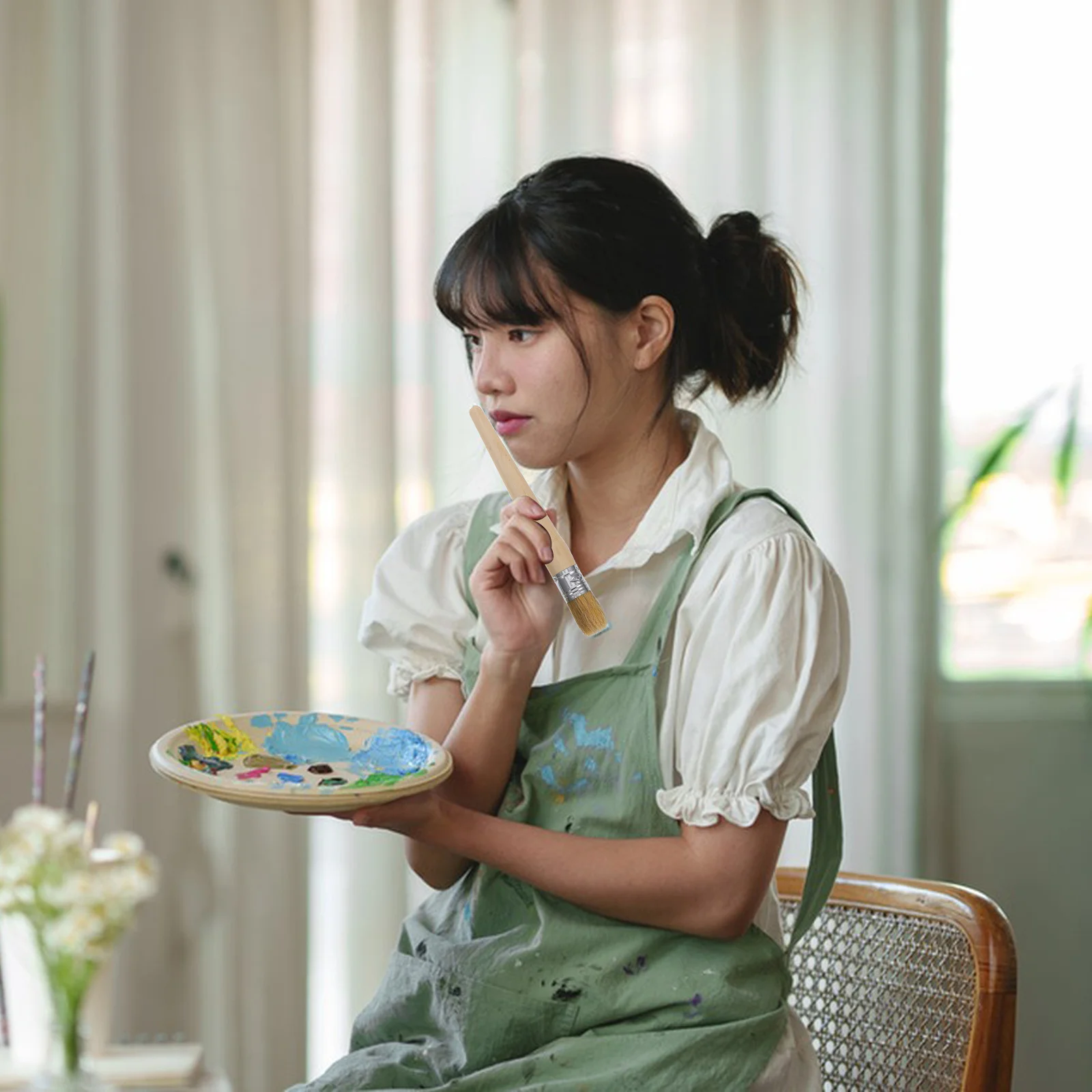 

2pcs Paint Brushes 20Mm+25Mm Long Handle Round Tip For Furniture Restoration Wood Waxing Wall Decor Stenciling Craft Tool