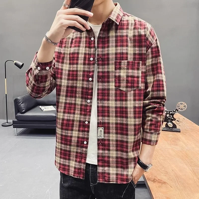 Men Plaid Shirt Flannel Long Sleeve Stripe Shirts Street Pocket Japan Cotton Loose Slim Fit Male Casual Soft Tuxedo Formal Shirt