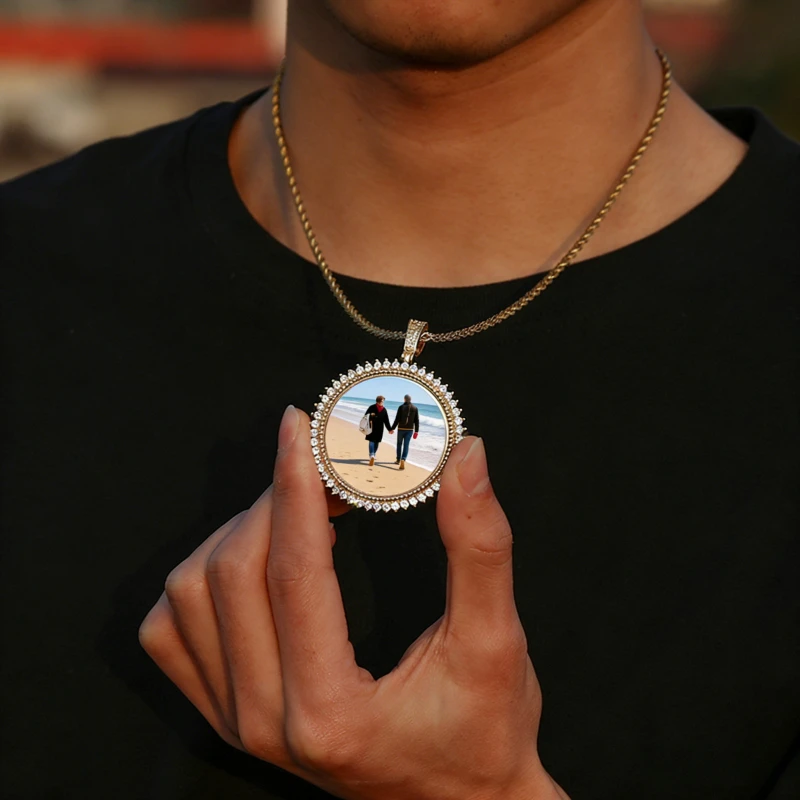 

Round Custom Photo Pendant Necklace For Men Hip Hop Jewelry iced out zircon Memory Medallions Pendant Women Gift