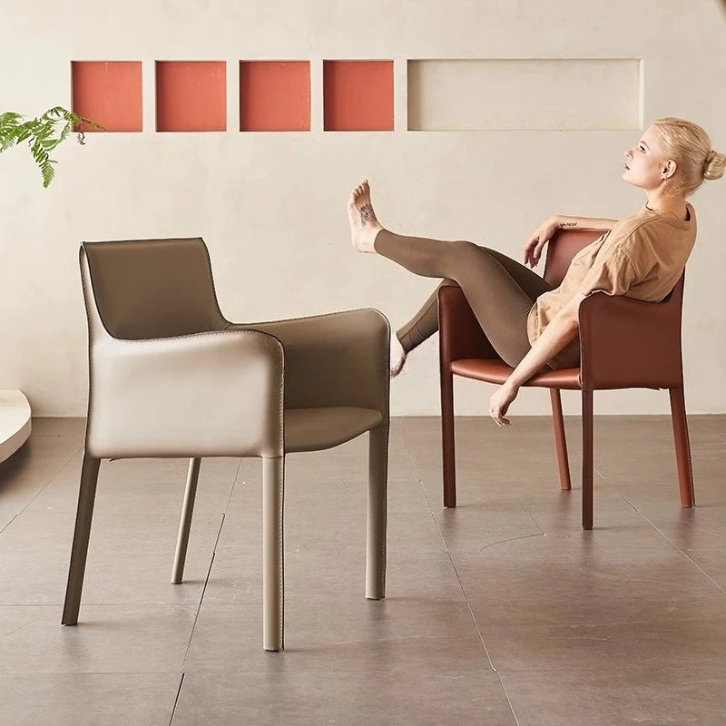 

Italian Minimalist Dining Chair Saddle Leather Designer Home Nordic Luxury Armrest Stool