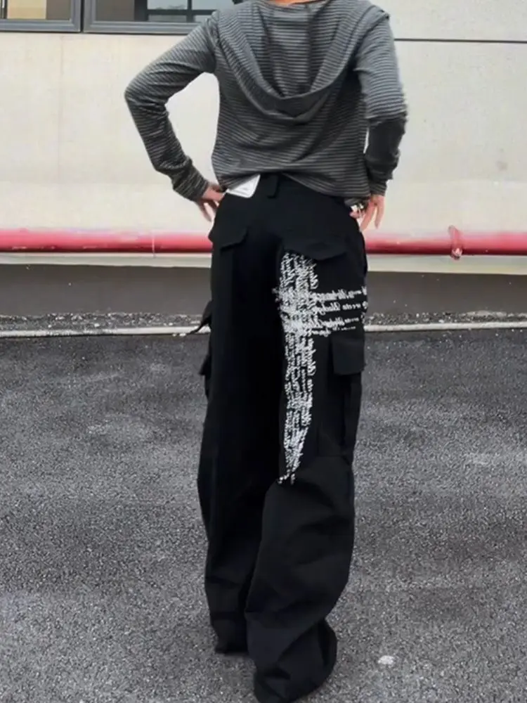 Y2K Vintage Letter Graphic Print Women's Cargo Pants Loose Fit Wide Leg Flattering Multi Pocket Streetwear Everyday Wear Outfit