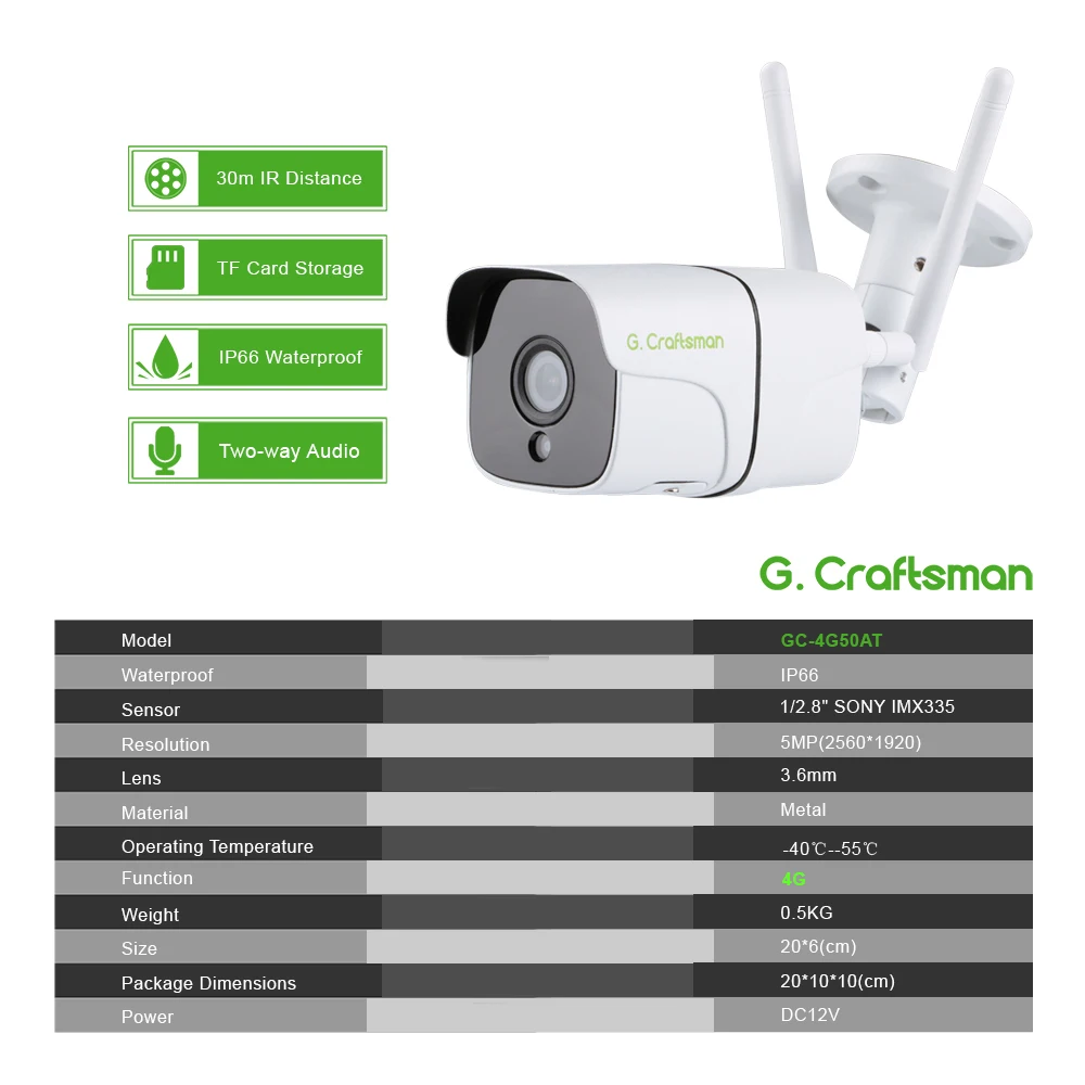 RU G.Craftsman 4G HD 5MP Audio Wireless Security Video TF Card slot Surveillance Camhi Without SD Card