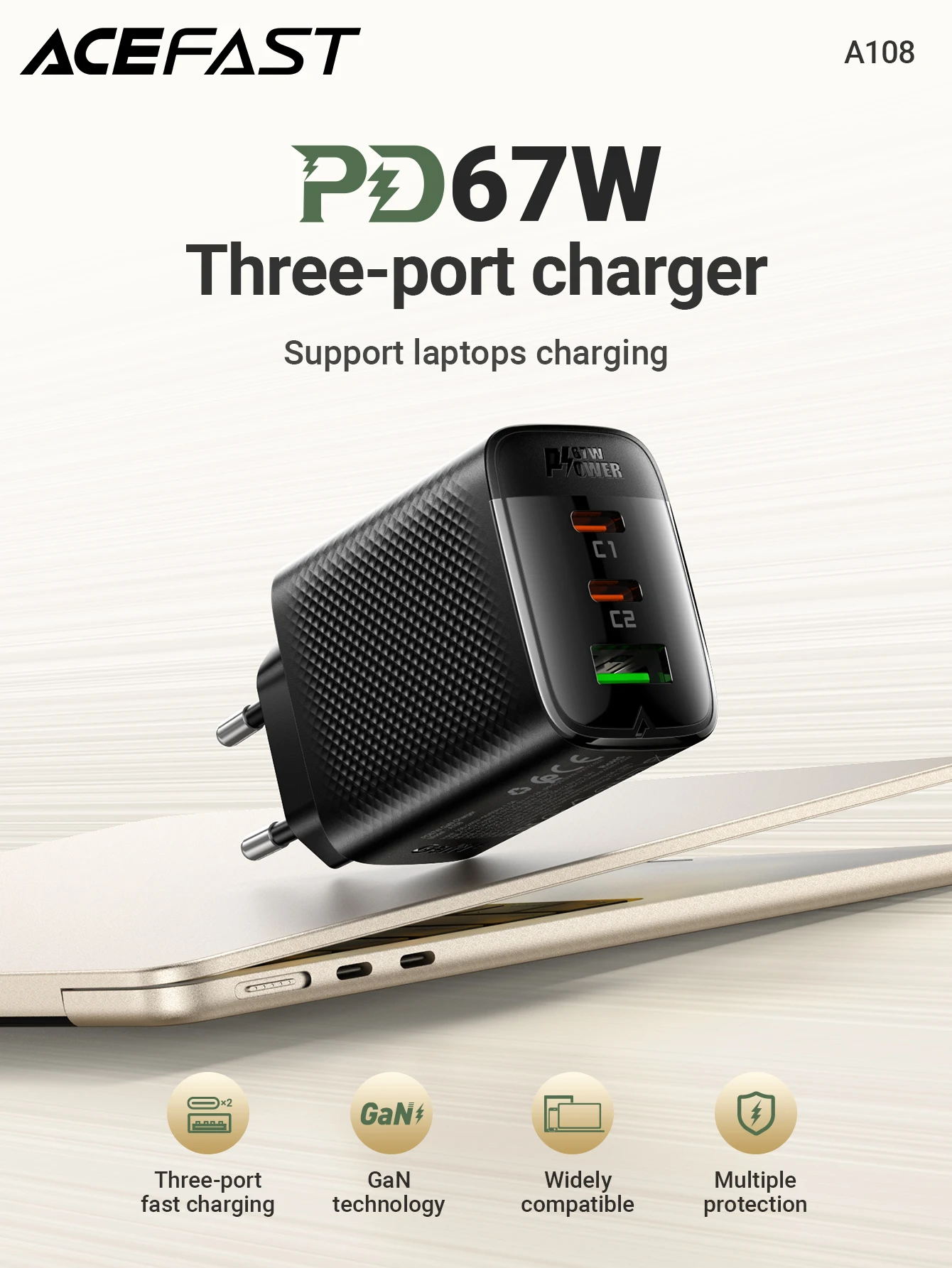 ACEFAST EU-Stecker PD67W USB C Schnellladegerät für iPhone 17 16 Pro Max 22,5 W USB A Schnellladung für Samsung S25 S24 – Detail 1