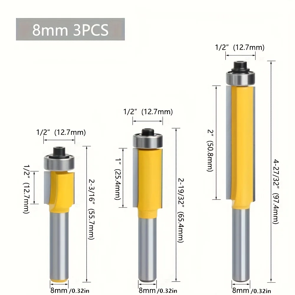 3PCS 8mm Carbide Router Bits Set - Wood Trimming & Engraving Tool Kit for CNC/Handheld Machines | Durable Edge Profiling