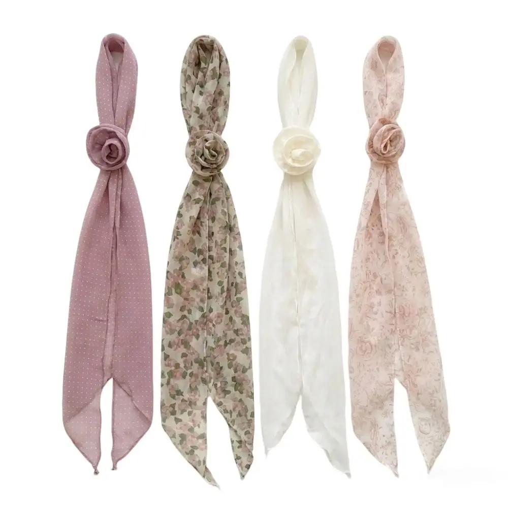 

Fashion Floral Chiffon Scarf DIY Tie Soft Neckerchief Elegant Removable Flower Long Skinny Scarf Women