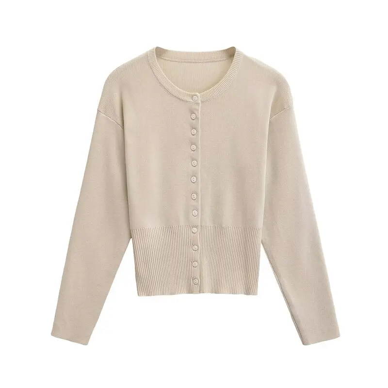

2024 Autumn New Women's round Ne Long Sve Buttoned Waist Inward Flat Needle Outerwear Commute Sle Regular Length Cardigan