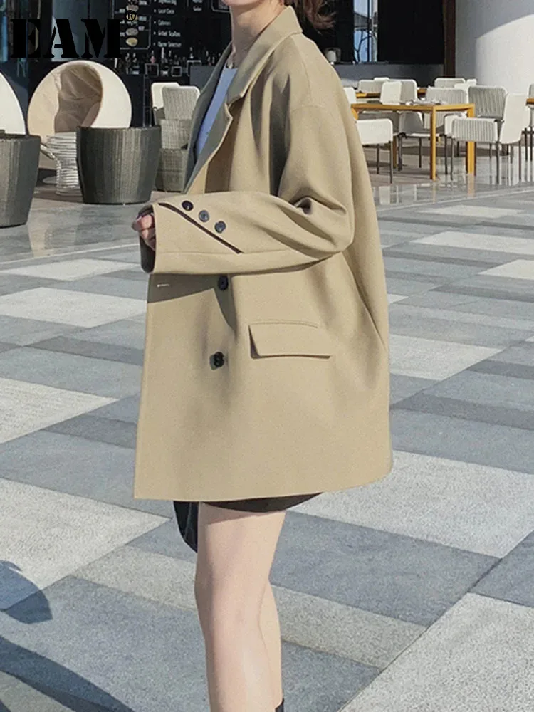 [EAM] Women Khaki Double Breasted Big Size Elegant Blazer New Lapel Long Sleeve Jacket Fashion Tide Spring Autumn 2024 1DH6252