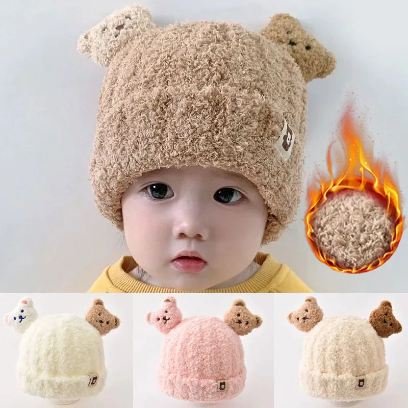 

Infant Winter Knitted Beanie with Ear Flaps Plush Soft & Warm Baby Hat Super Cute Bear Fleece Baby Hat for Cold Weather