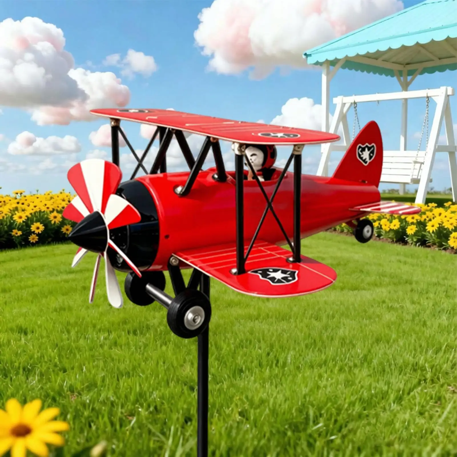 Biplane Wind Spinner Airplane Motion Art Backyard Biplane Sculpture for Front Yard Porch Lawn Flower Bed Holiday Housewarming