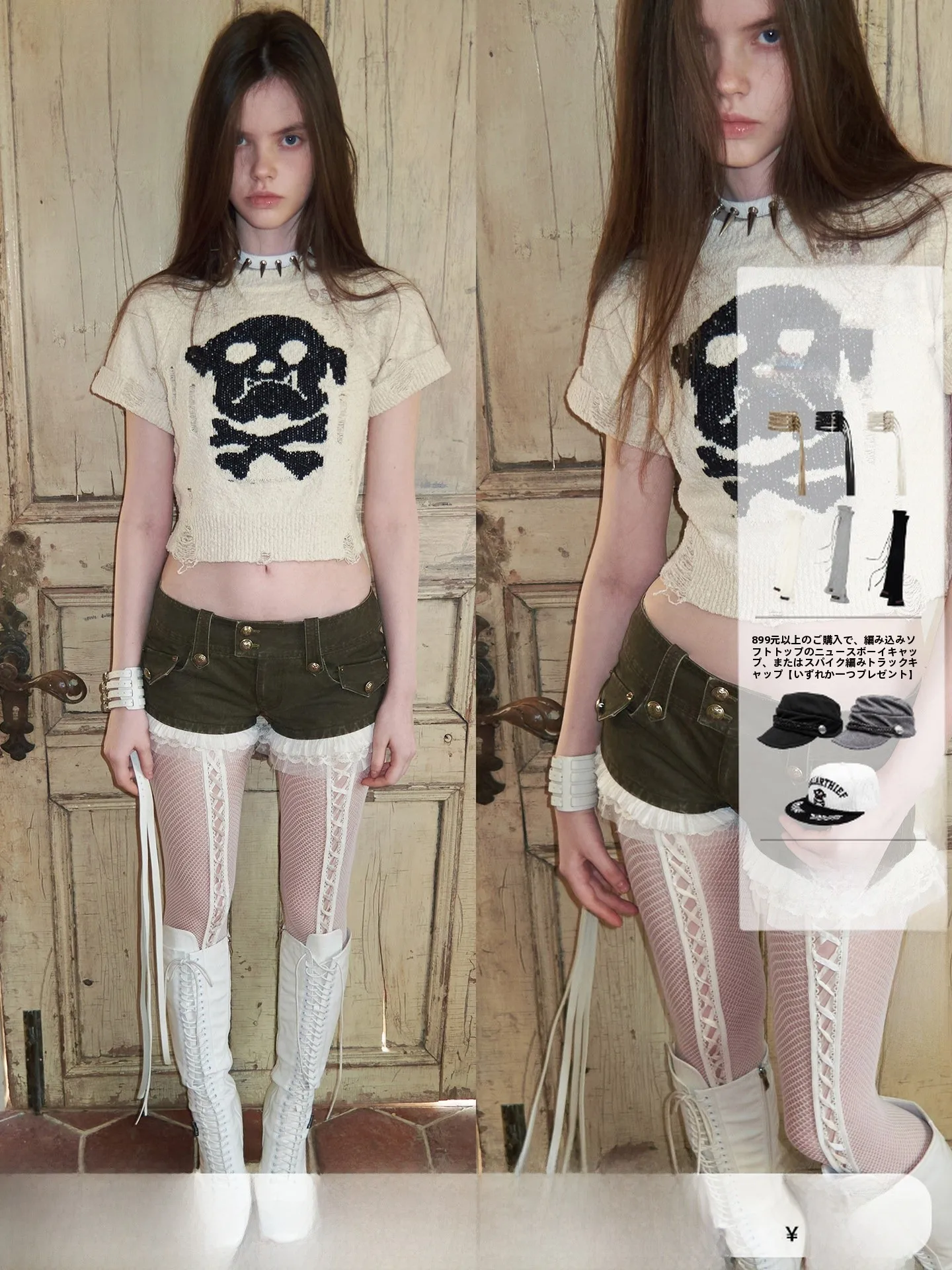 

JINN STUDIO Punk Sle Skeleton Pattern ort Sve Knitted Sweater Hole Design Body Fit Cotton 00% round Ne Spring Faion