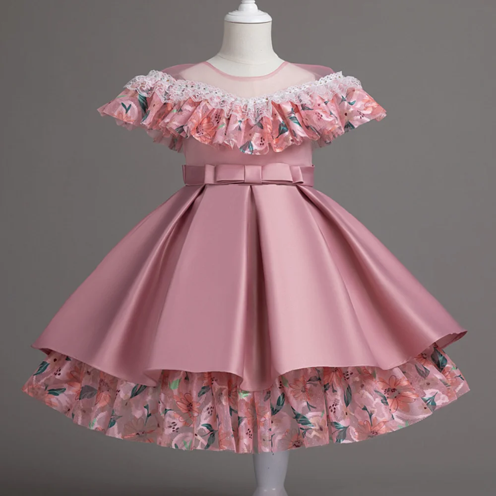 Girl\'s New Lace Flower Patchwork Bow Princess Dress Christmas Thanksgiving Family Gathering Sweet and Lovely Dress