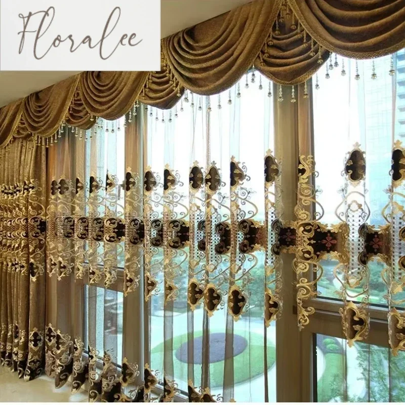

European Luxury King Queen Brown Embroidered Gold Curtains for The Living Room with The Sheer Luxury Hotels Suitable for Bedroom