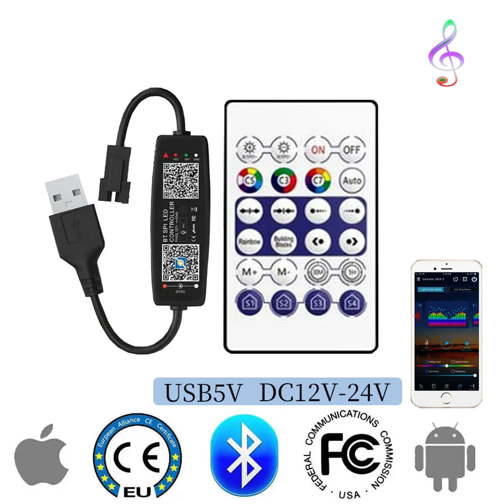 Smart Bluetooth Music LED Controller Built-in MIC With Remote RGB BT Pixels Controller For WS2812 SK6812 WS2811 APA102 Led Strip