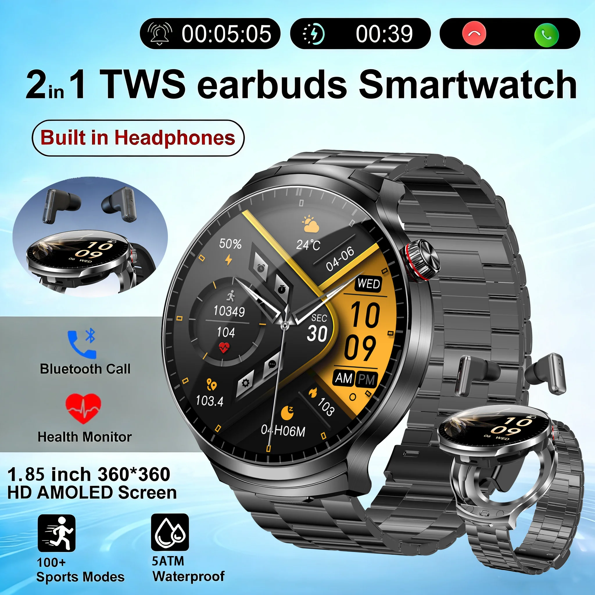 New 2 in 1 Smart Watch Tracker Compass Built in Headphones Bluetooth Call Smartwatch Health Monitor Fitness Men Sports Watches