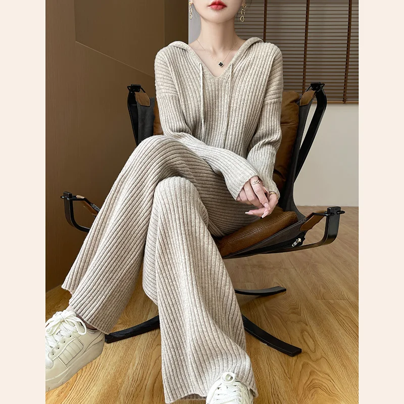 Korean-Style Two-piece Pure Wool Women's Hooded Jumper + Vertical Stripe Broadfoot Pants 2024 Spring/Autumn New Sweater+ Pants