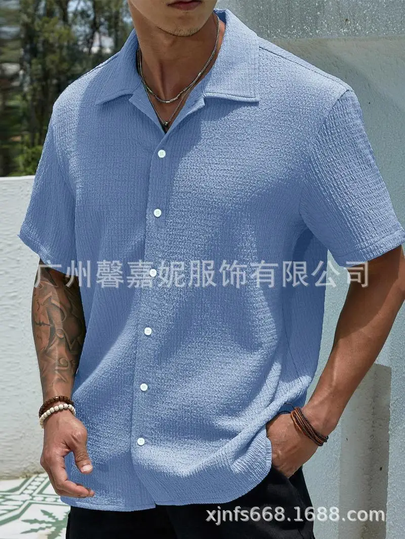 

European and American Men's Shirts 2025 Summer New Men's Clothing Solid Color Short-sleeved Shirts Casual Cardigan