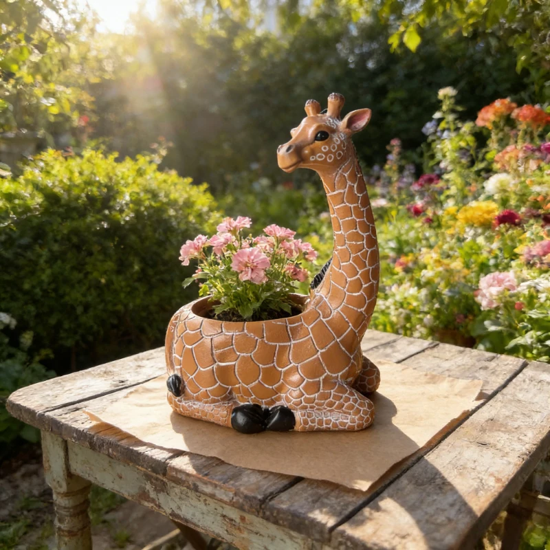 Giraffe Resin Flower Pot Hand Painted Texture Animal Plant Pots Indoor Outdoor Vase Garden Planter Accessories Home Decor