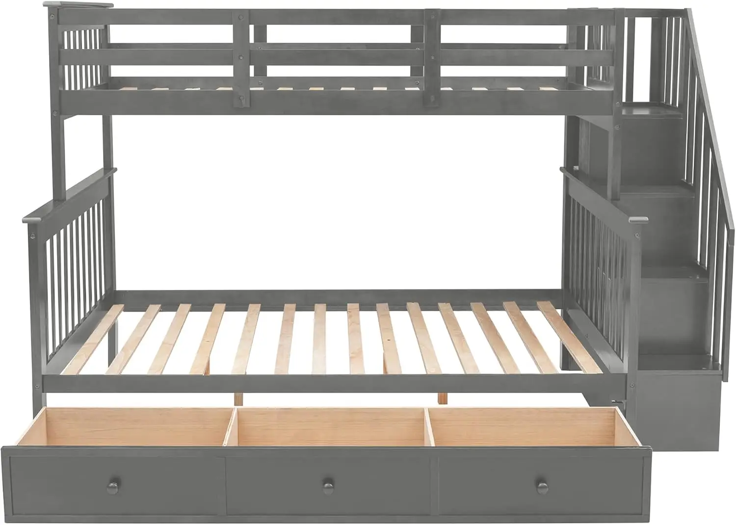 Lit double superposé avec rangement, bois avec escalier, lits superposés pour enfants, lit jumeau complet, gris, aucun ressort non nécessaire