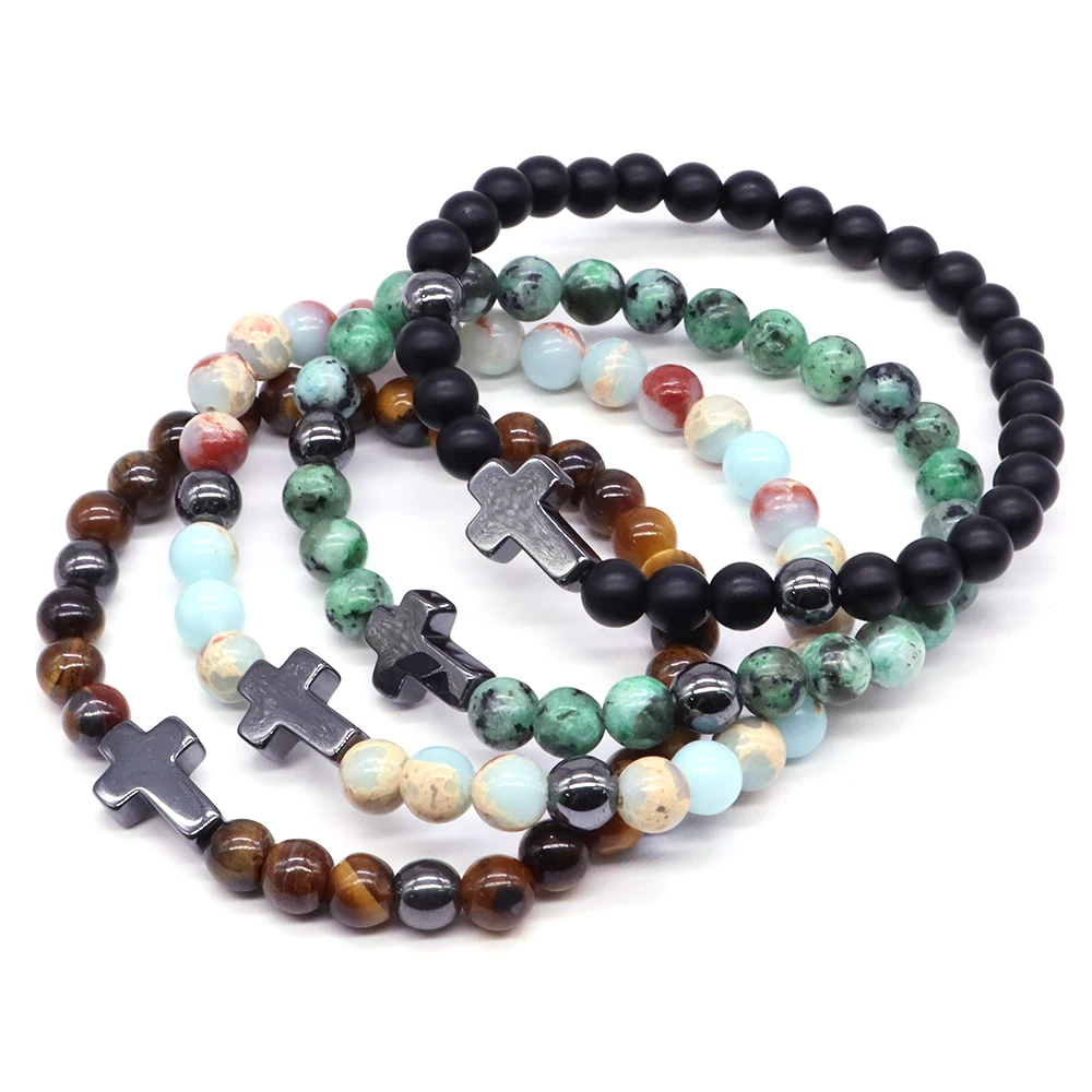 

Natural Stone Tiger Eye Black Matte Crystal Bead Hematite Cross Bracelet Elastic Bangle Religion Meditation Women Yoga Jewelry