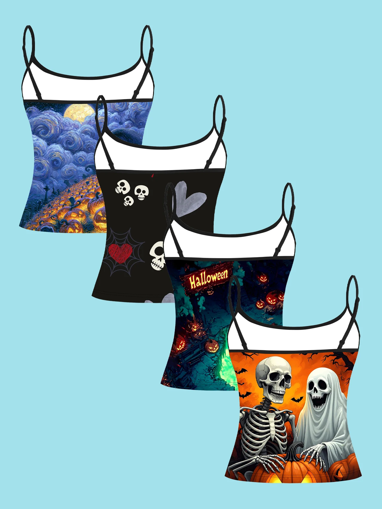 4-Piece Set of Halloween Skeleton Ghost Women's Camisoles: Van Gogh Starry Night Pumpkin Graveyard, Heart Spider Web Skeleton, Dark Forest Pumpkin, Skeleton Ghost Pumpkin Bat Print Slim-Fit Spaghetti Strap Short Camisole Tops