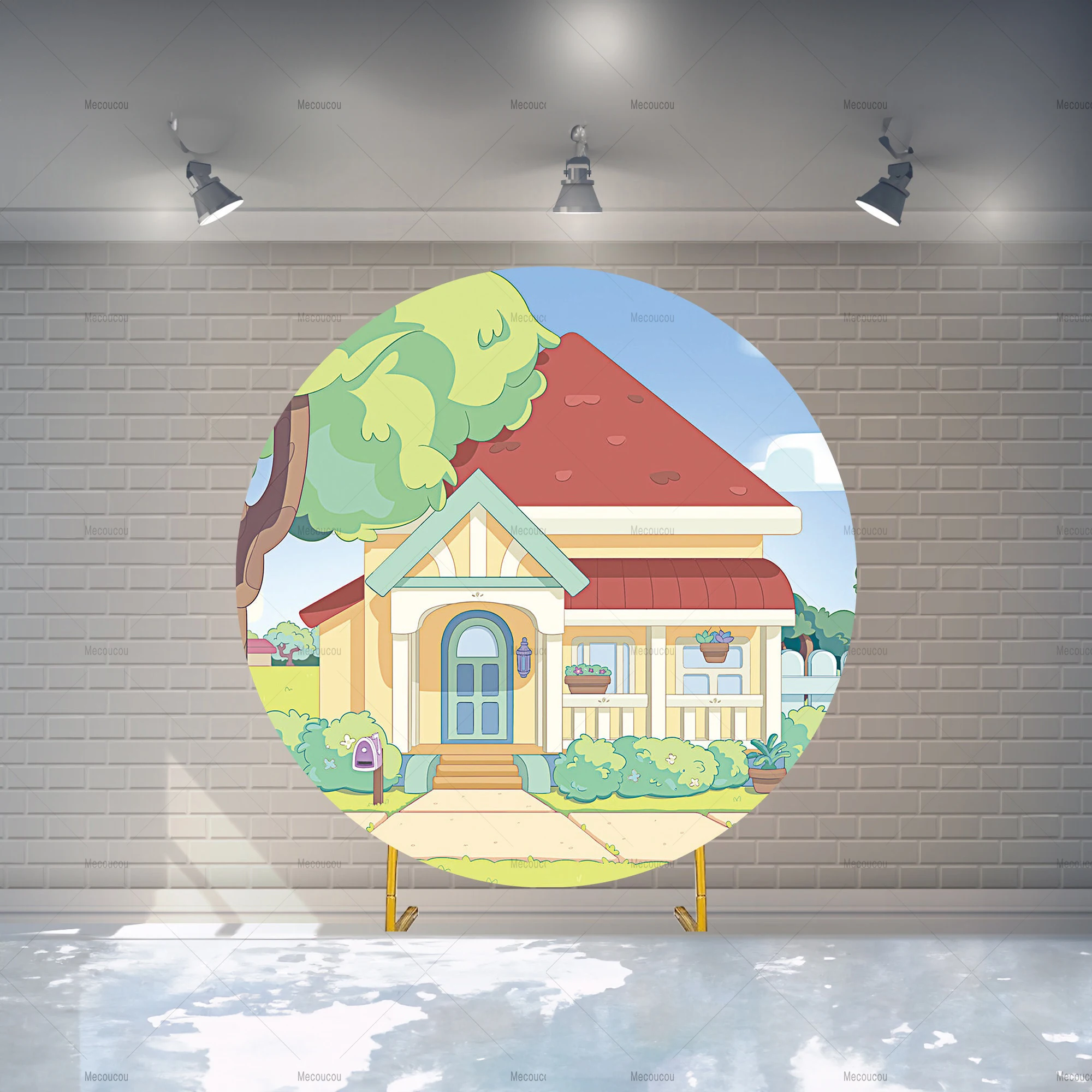 Custom Blue Dog House Round Backdrop with Elastic Birthday Backdrop Baby Shower Photography Personalized Event Party Background