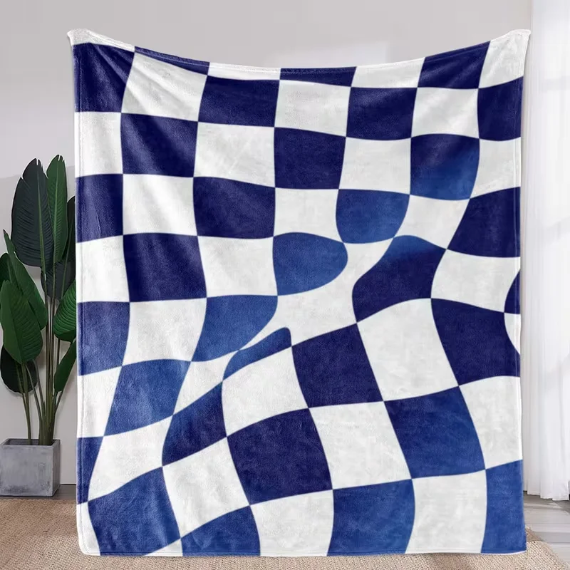 Navy Blue Warped Checkerboard Blanket Irregular Wavy Chess Grid Print Soft Cozy Blanket Sofa Bed Modern Trendy Home Decor