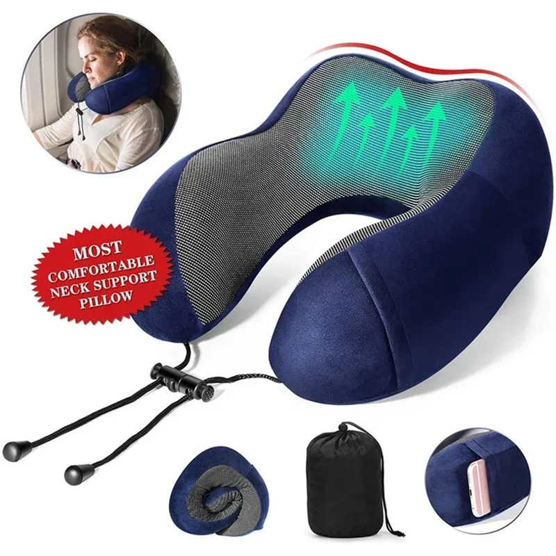 U-Shape Travel Pillow Pure Memory Foam Neck Pillow for Airplane Office Nap Cervical Pillows Flight Sleeping Head Neck Support