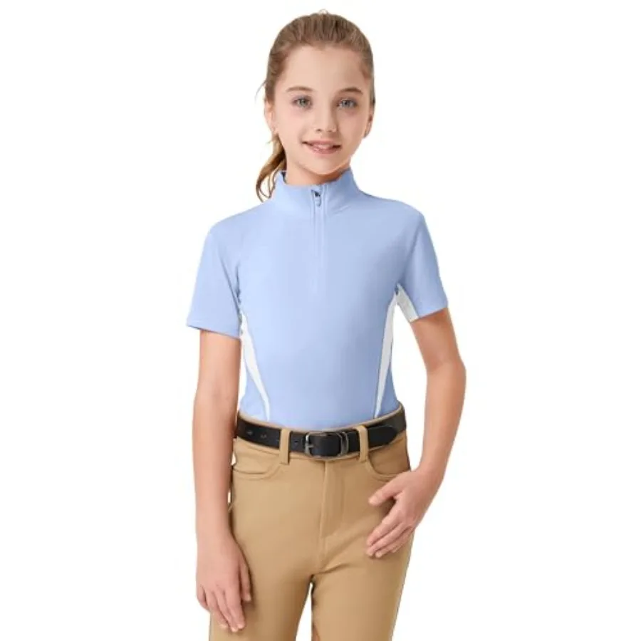 

Girls Short Sleeve Equestrian Shirt Quick Dry Horse Riding Shirts Half Zip Horseback Show Shirt