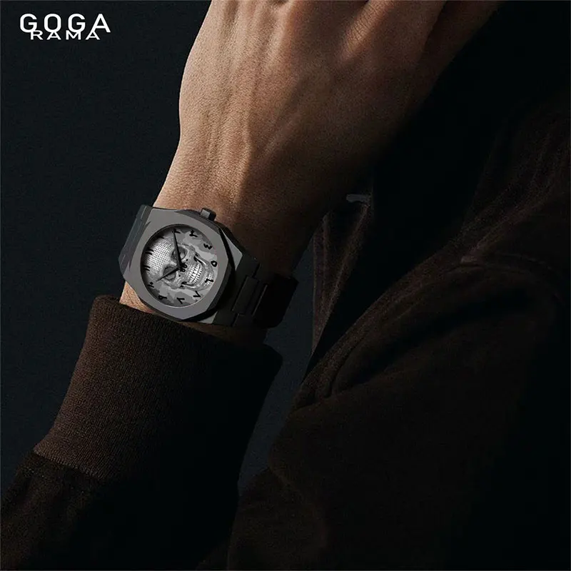 Relógio masculino esportivo leve com pulseira de policarbonato preto, cor do oriente médio, algarismos arábicos, mostrador de quartzo, à prova d'água