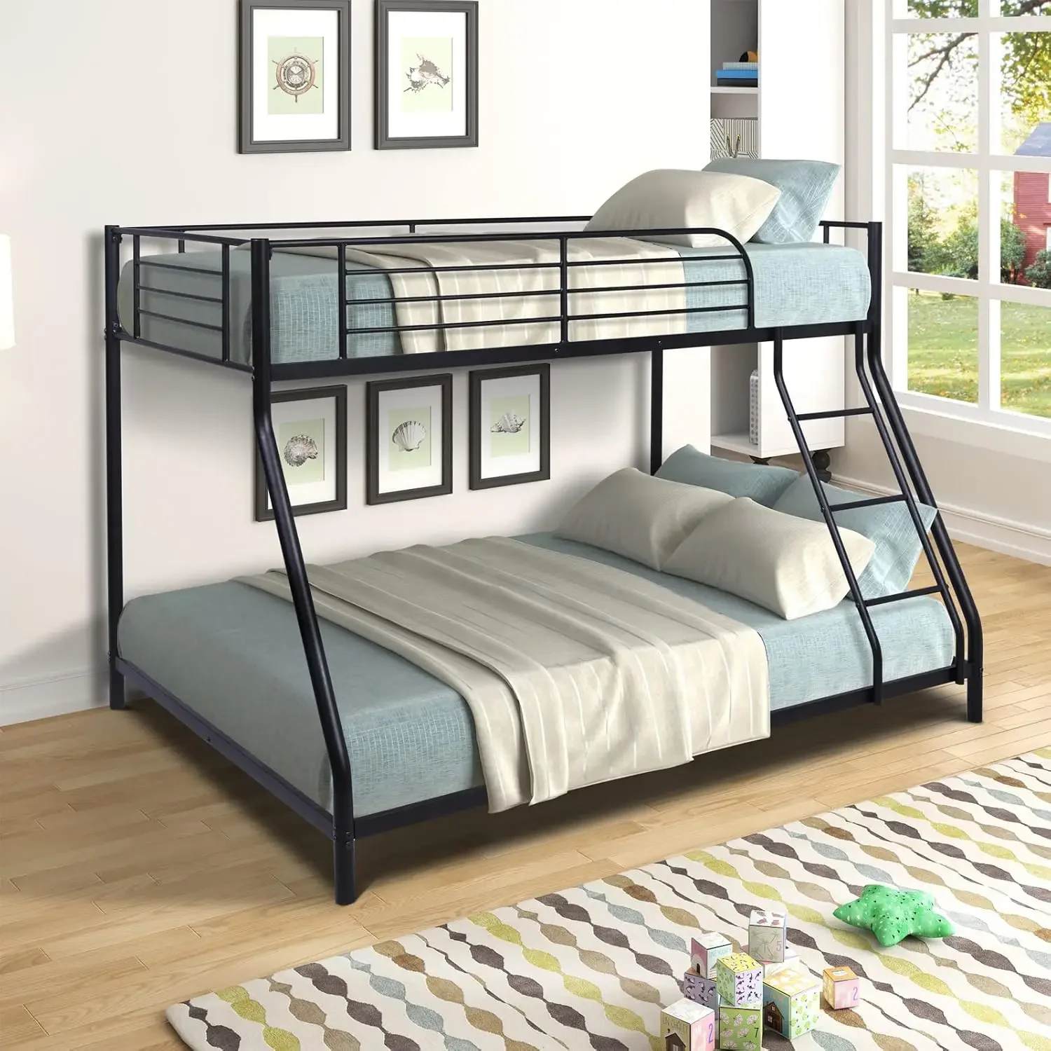 Beds Twin Over Full, Heavy Duty Metal Bed Frame with Safety Rail and Ladder for Dormitory Bedroom Boys Girls Adults,No Box Sprin