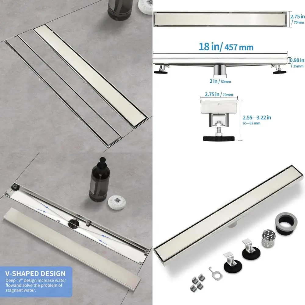 

Rectangle Shower Drain, 18 Inch Brushed 304 Stainless Steel, Reversible Tile-in Pattern Cover for Linear Drains