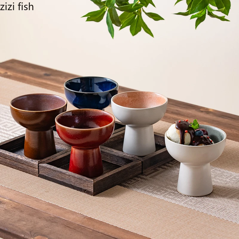 Ceramic High Footed Bowl Ice Cream Cup Dessert Plate Snack Bowl Sasebo Bowls Fruit Plate Candy Platter Dim Sum Dish Cake Plates