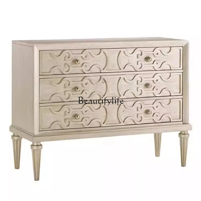

American light luxury retro solid wood porch cabinet living room champagne three bucket side cabinet