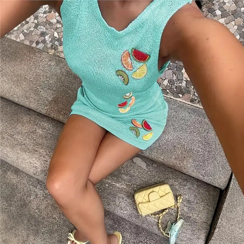 

Летний вязаный свитер женский Dr Faionable с вышивкой фруктов на бретельках Dr, тонкий цельный комбинезон для поездок на работу