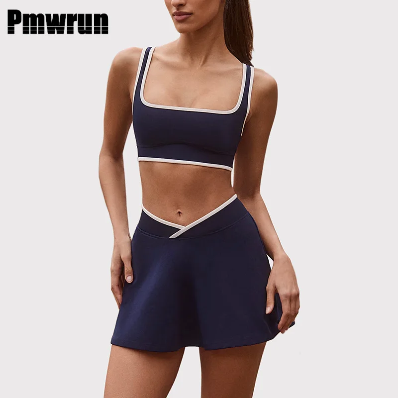 pmwrun-レディースヨガセット2点セット-スクエアネックブラトップとコントラストトリム付きスカート-ソフトで伸縮性があり、ジム、ヨガ、ピラティス、ダンス、ワークアウトウェアに最適