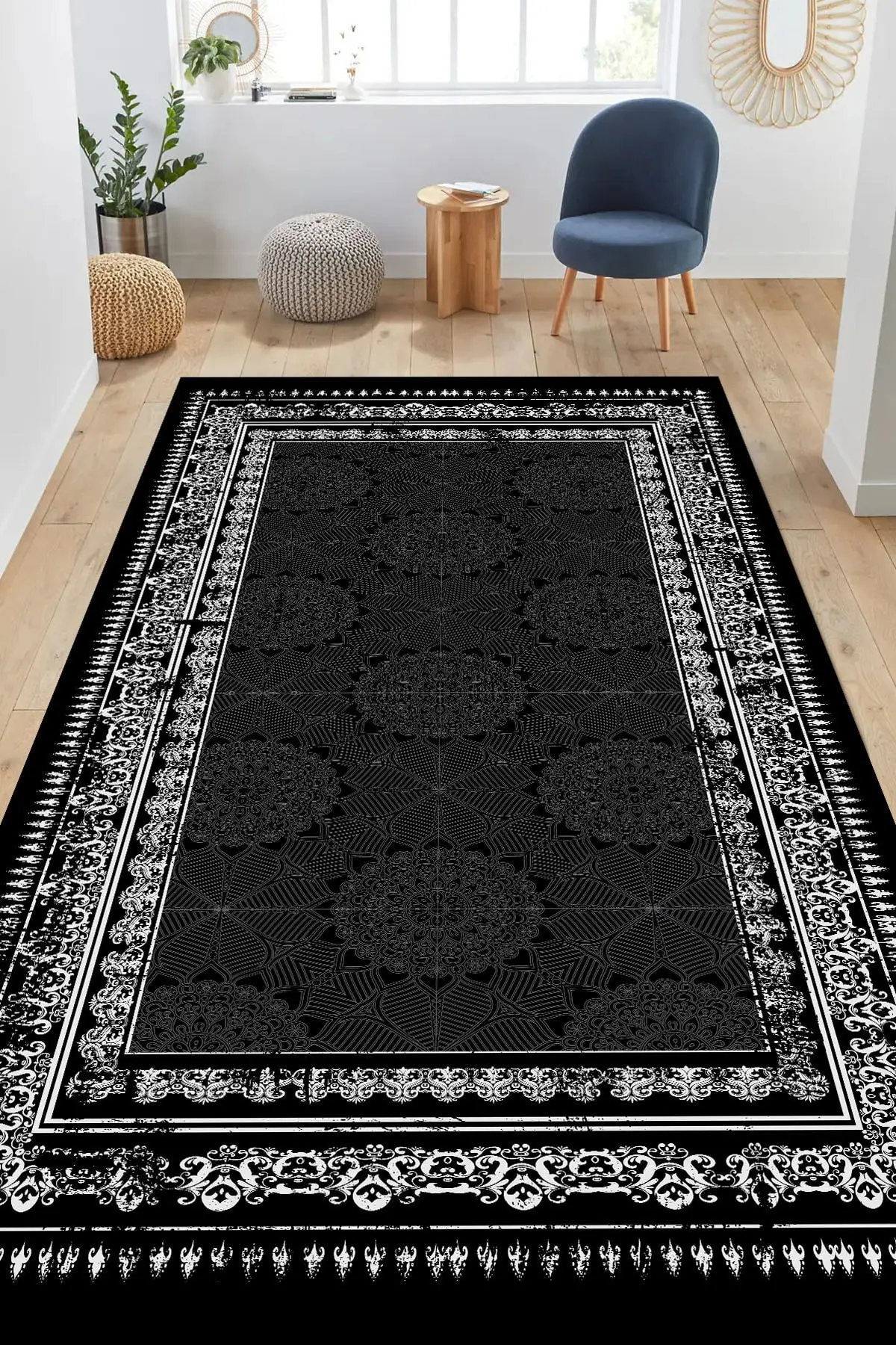 DOLBOVI black tumbled detailed carpet and runner (Dot/felt base carpet)