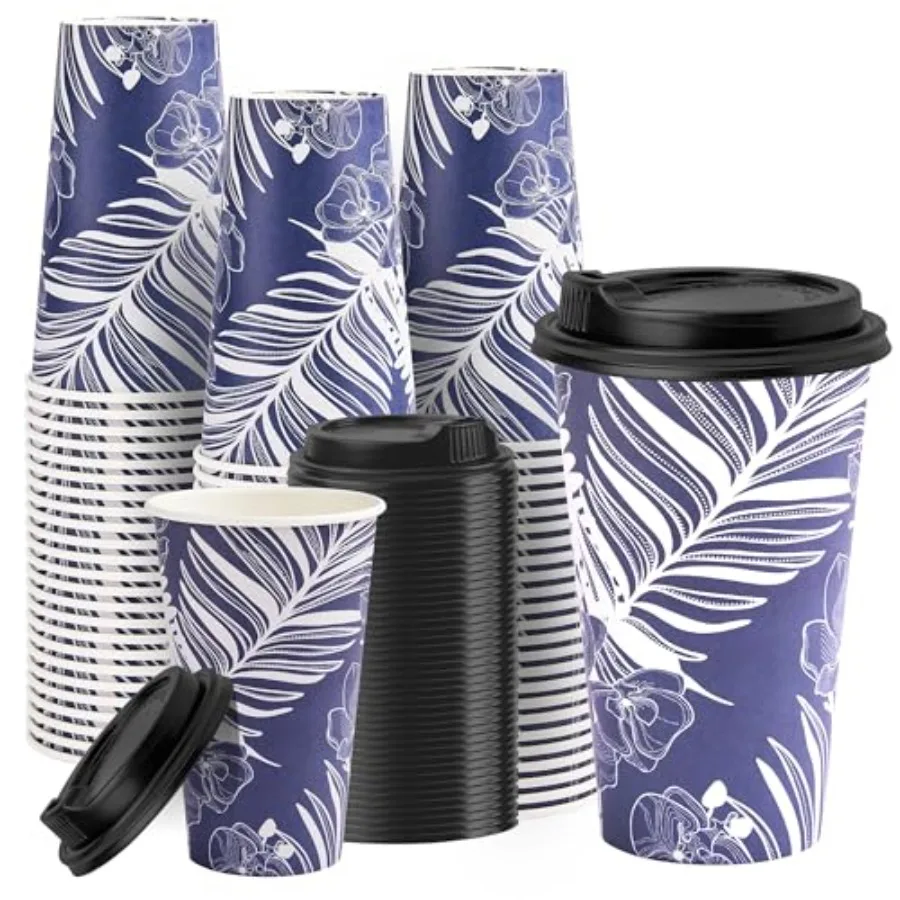 

16 oz Disposable Coffee Cups with Lids 100 Pack, Blue Paper Coffee Cups with Lids, To Go Cup with Lid