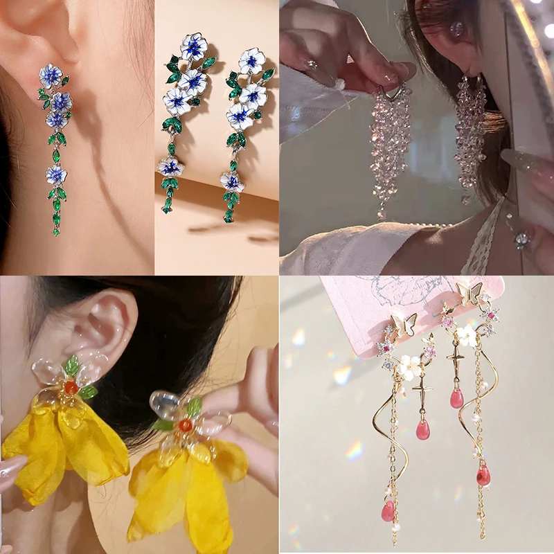 

Vintage Enamel Flower Drop Earrings for Ladies Exquisite Blue Trumpet Flower Long Earrings Wedding Party Aesthetic Jewelry Gfit