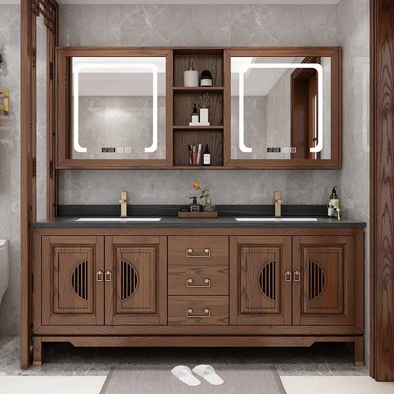 

Red oak bathroom cabinet combination, rock slab seamless ceramic integrated basin, solid wood floor wash basin washstand