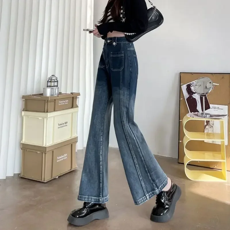 

Flared with Pockets Flare Pants for Women Blue Trousers High Waist Shot Womens Jeans Bell Bottom Free Shipping Cool Spring Shiny