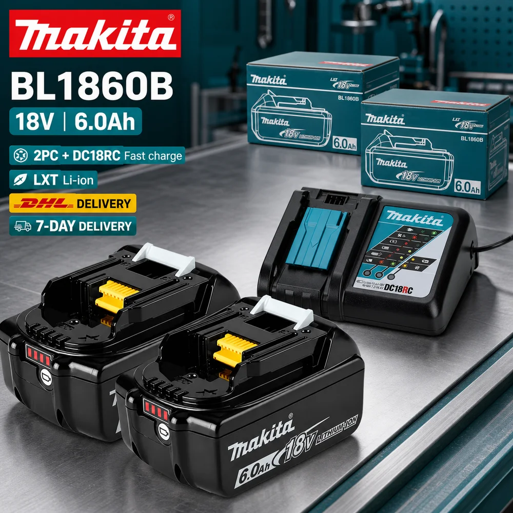 Makita Original BL1860B 18V LXT 6.0Ah Li-Ionen-Akku, BL1815 BL1815N BL1820 BL1830B BL1850B BL1860, kompatibel mit BDF453SHE BDF454Z, nur Akku oder DC18RC Schnellladeoptionen mit Papierbox, BL1840,