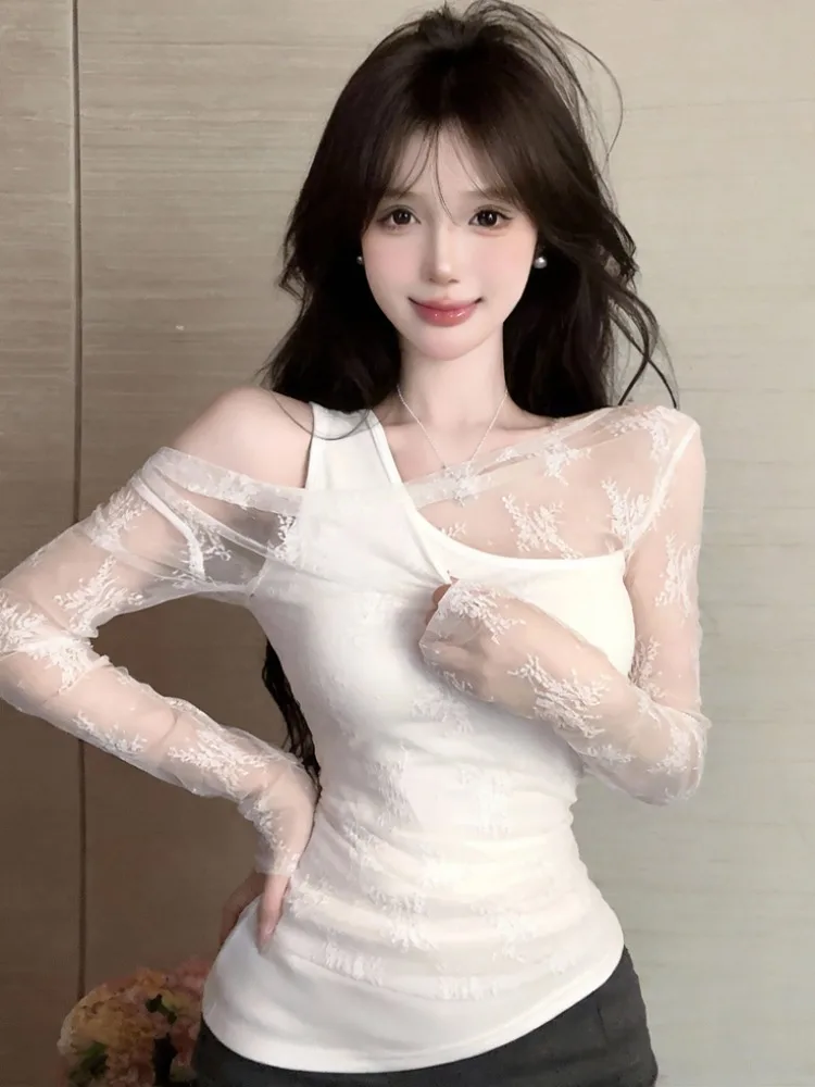 

Sexy Long Sleeve T-Shirt Women Spring Summer Lace UV Protection Cover up Irregular Shoulder Casual Slim Fit Short Length Top