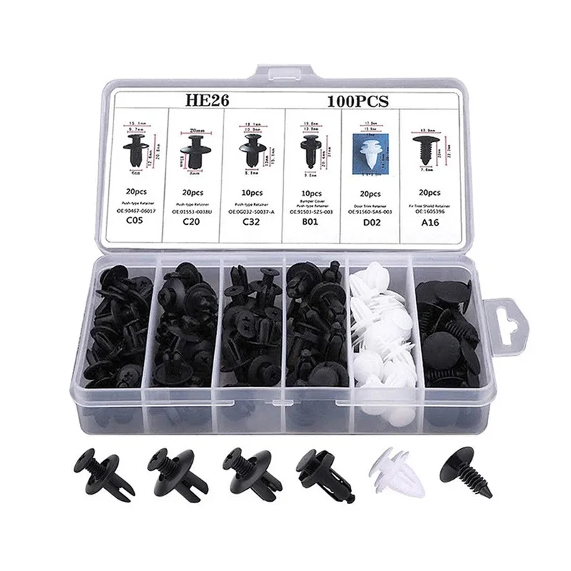 Kit de Fixadores Automotivos Mistos: Clipes, Pinos de Retenção, Rebites para Carroceria, Para-choque e Painéis de Porta, Embalagem em Caixa ou Saco