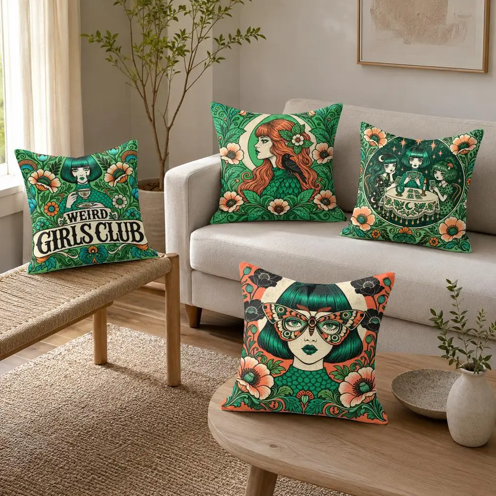 Weird Girls Club Cushion Cover Organic Linen Throw Pillow Cover - Double-Sided Print Breathable Cushion Case Home Decor