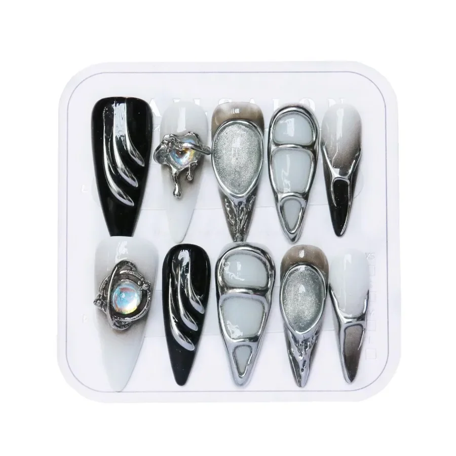 

Luxury reusable handmade long almond shape fake nails with black silver diamond accents and handpainted salonstyle design durab