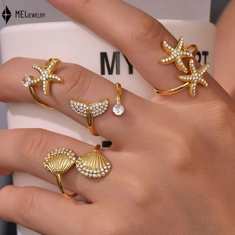 Кольцо с открытым пальцем из морской звезды и кубическим цирконием, летнее кольцо Ocean Breeze из нержавеющей стали, персонализированное кольцо